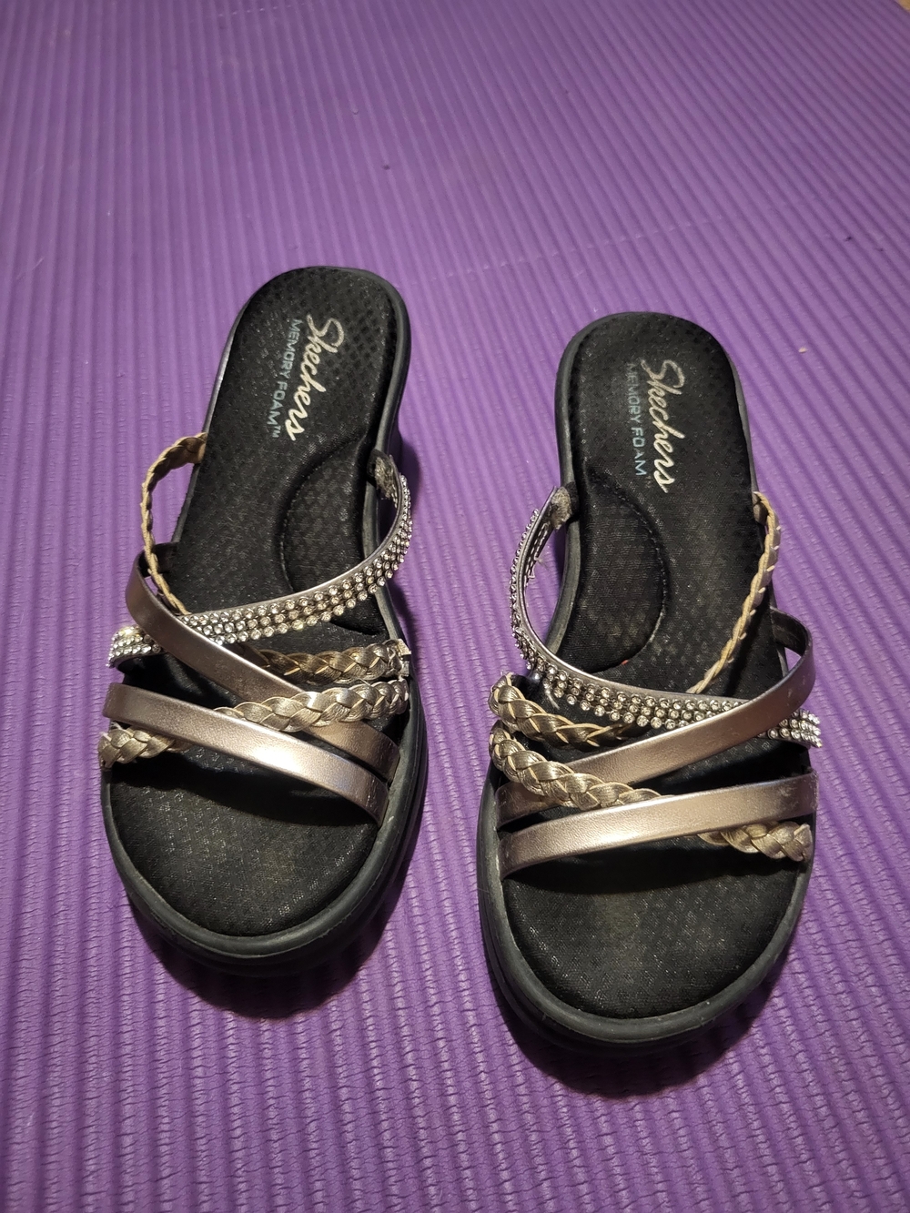 Skechers Women's Metallic Bronze Braided Slide Sandals with Rhinestone Straps